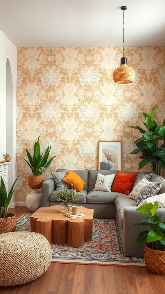 A cozy living room featuring textured wallpaper in warm tones, with a gray sectional sofa, orange cushions, wooden coffee table, and plants.