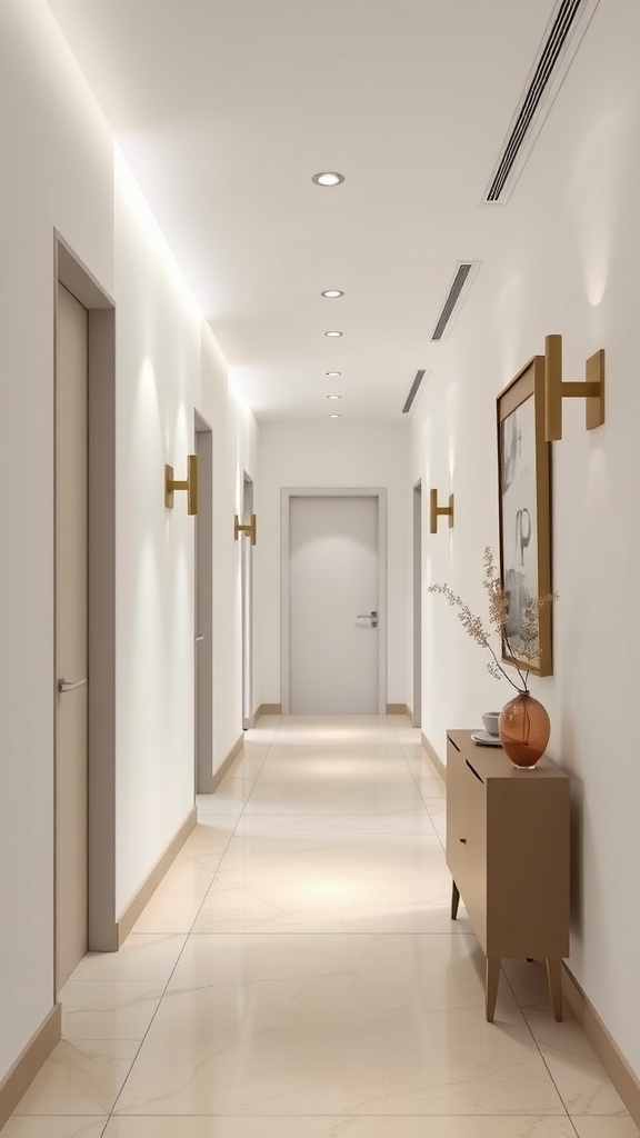 A modern and elegant hallway featuring light tiles, minimal decor, and soft lighting.