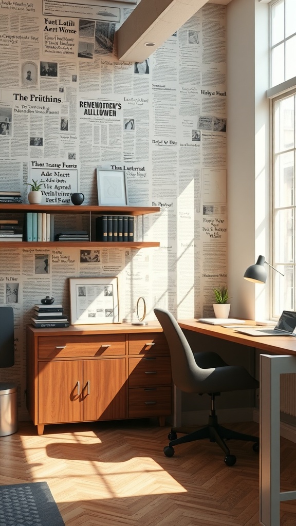 An office with a vintage newspaper print accent wall, featuring wooden furniture and a bright window.