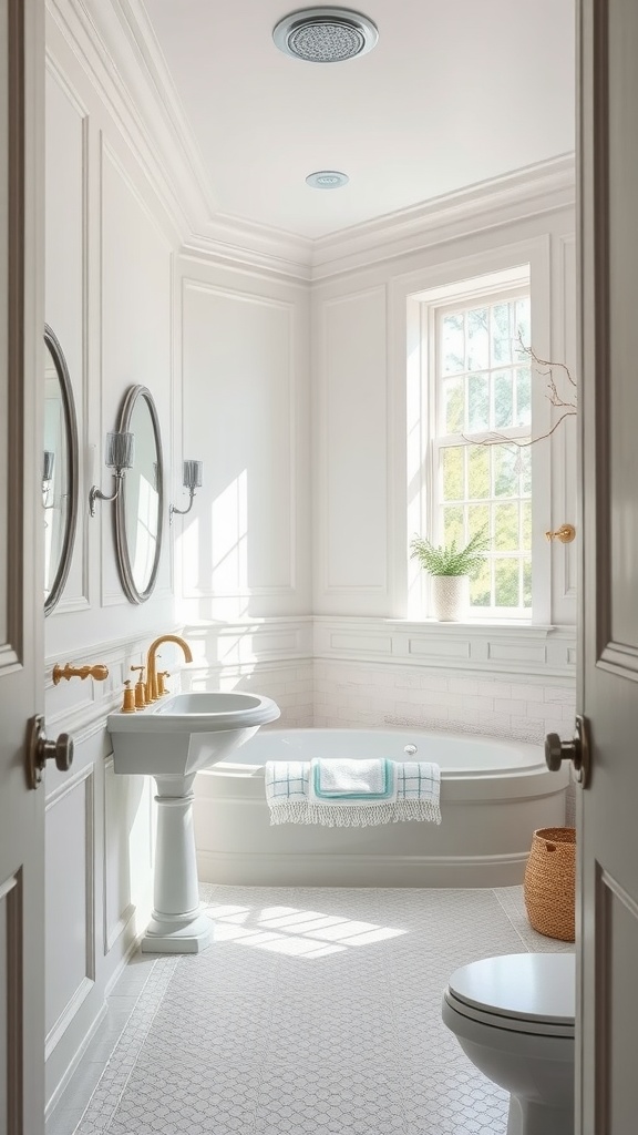 A bright bathroom featuring white walls and light blue accents, with natural light flowing in.