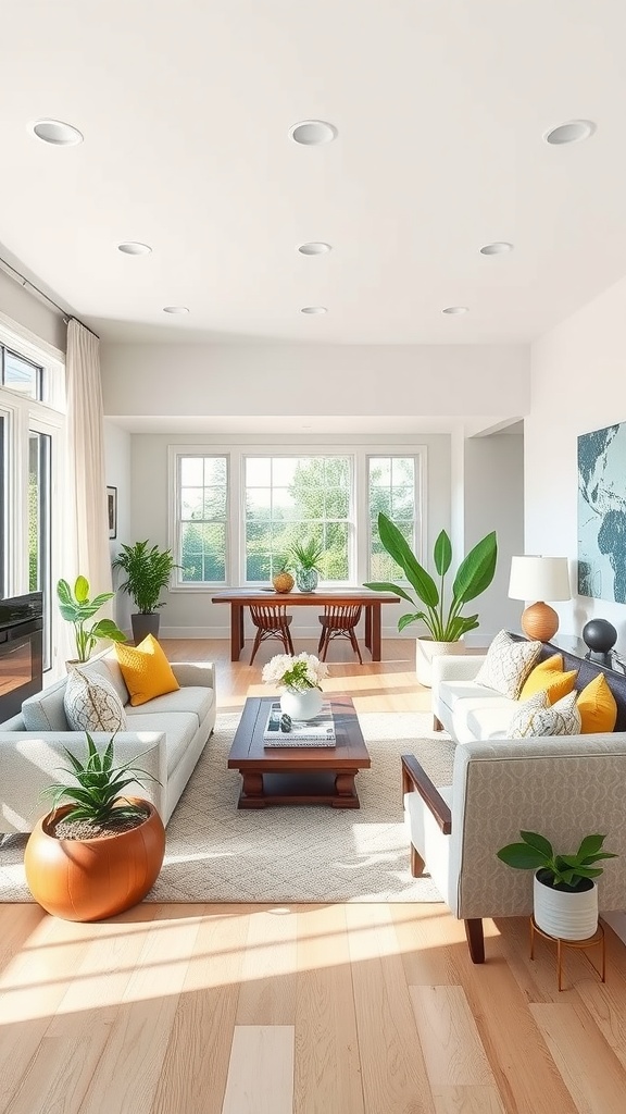 A bright and airy living room-dining room combo featuring cozy seating, a dining table, and plants for a harmonious look.