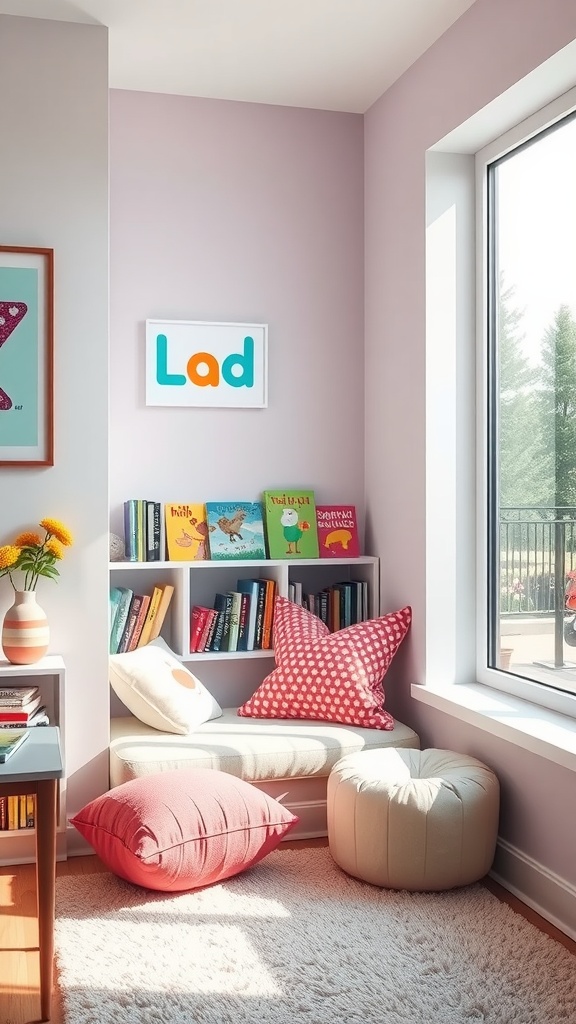 A cozy and bright reading nook for kids with colorful cushions and bookshelves.