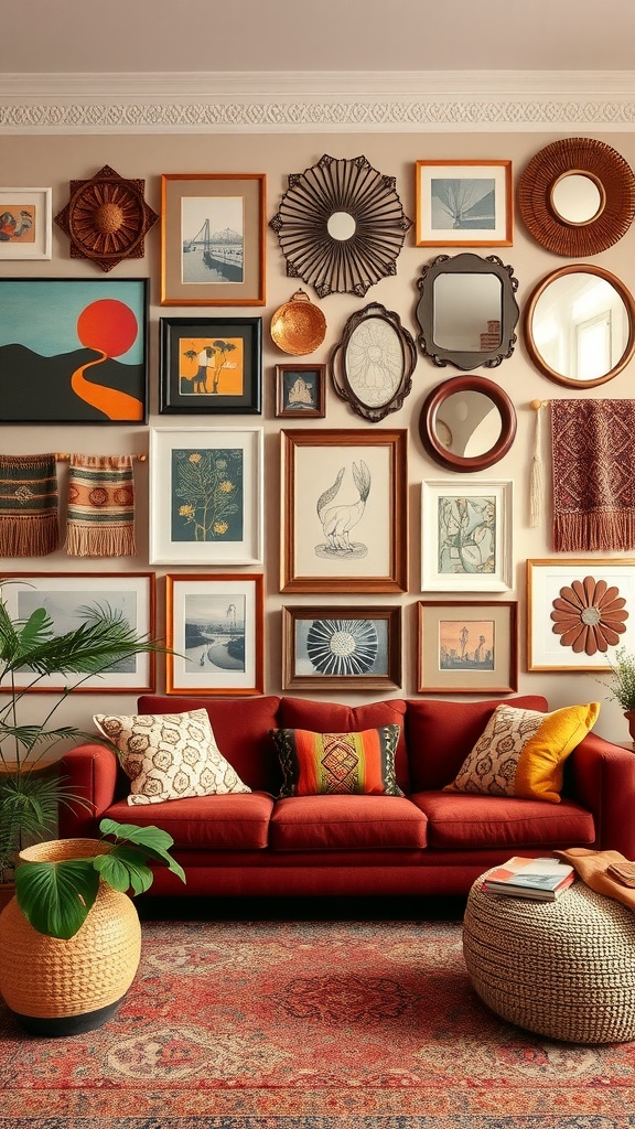 A cozy living room featuring a vibrant eclectic gallery wall with various artwork, mirrors, and textiles, complemented by a rich red sofa.