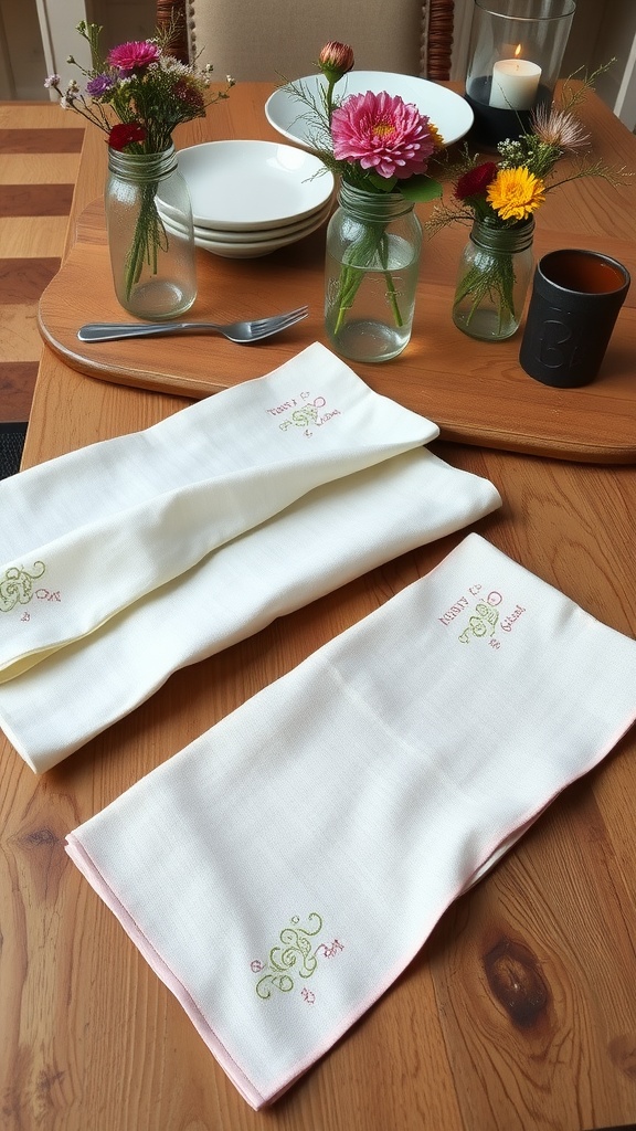 Embroidered linen napkins on a wooden table with flowers and tableware