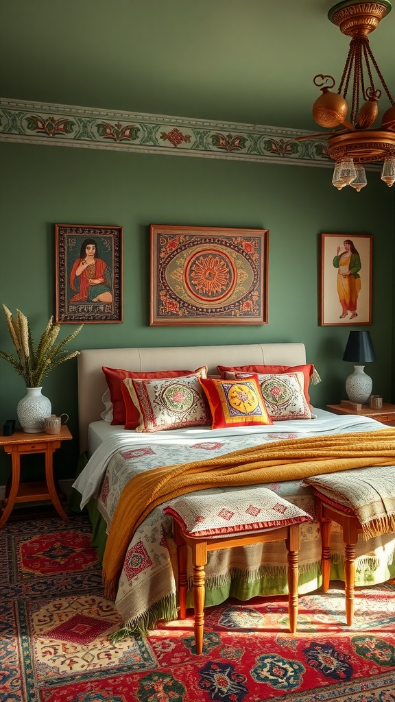 A cozy ethnic-style bedroom featuring sage green walls, patterned bedding, and colorful rugs.