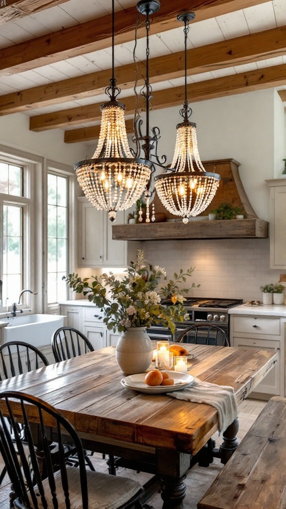 A cozy kitchen featuring two beaded chandeliers above a wooden dining table with chairs, showcasing warm wood tones and a welcoming ambiance.