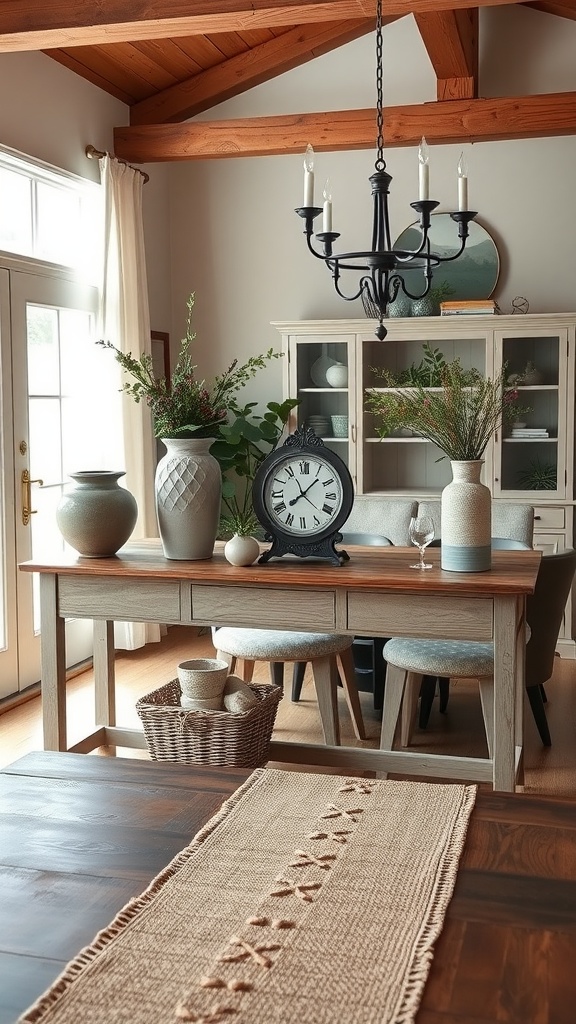 A cozy farmhouse dining room featuring a console table with decorative vases and a clock.
