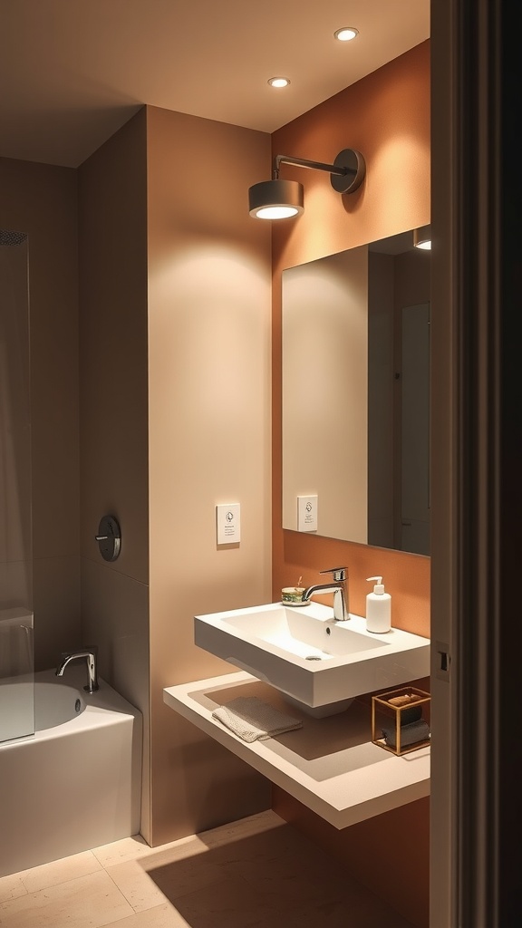 A modern bathroom with focused task lighting above the sink, showcasing a sleek design.