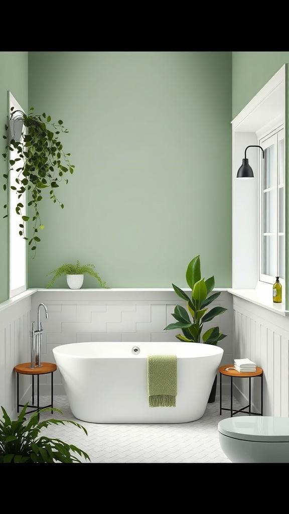 A serene bathroom featuring soft green walls, a white freestanding bathtub, and plants, creating a calming atmosphere.