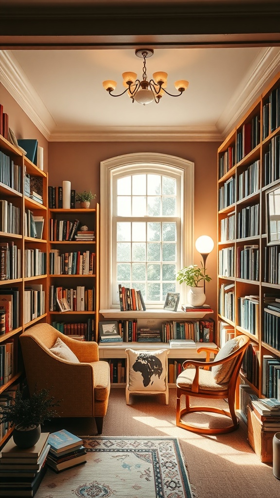 A cozy home library with bookshelves, comfortable seating, and warm lighting.