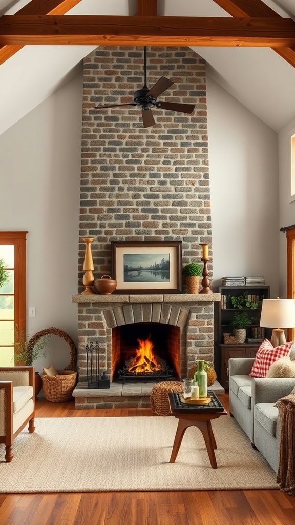 Cozy living room with a brick fireplace, wooden beams, and comfortable furniture.