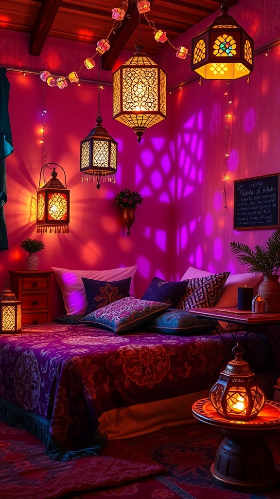 A cozy bedroom with Moroccan lanterns and vibrant decor, featuring pink walls and intricate patterns.