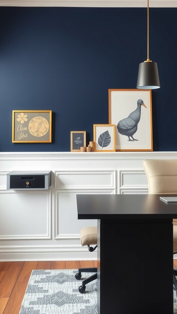 An office space featuring navy blue accent walls with white wainscoting, showcasing framed artwork and a stylish pendant light.