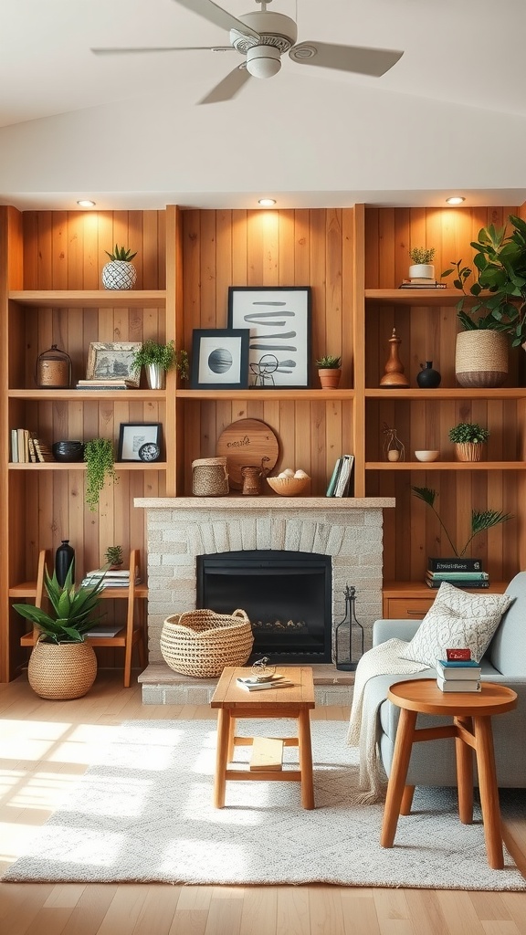 A modern farmhouse living room featuring open shelving in natural wood tones, with decorative items and plants.