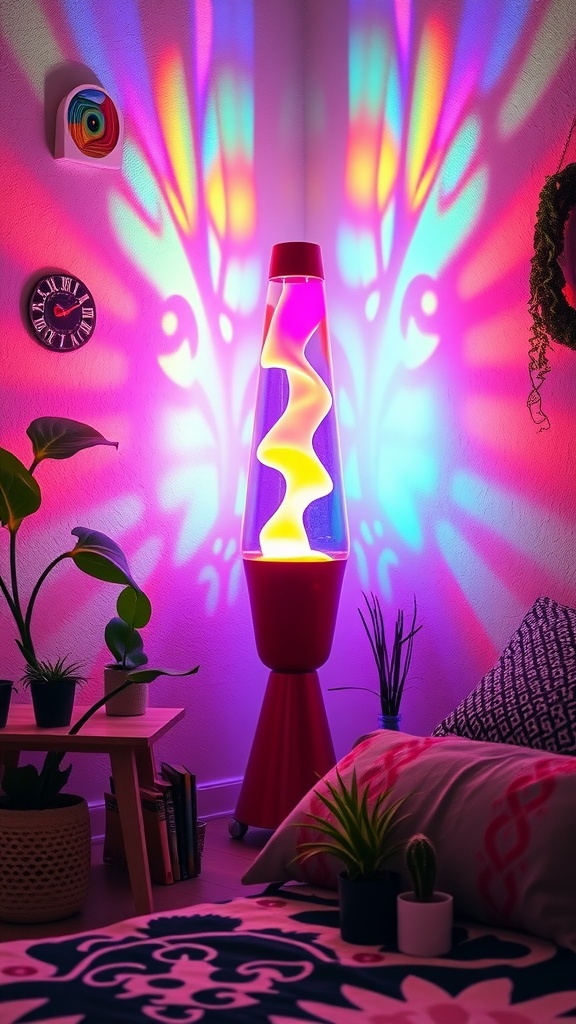 A colorful retro lava lamp casting vibrant light patterns in a cozy bedroom setting.