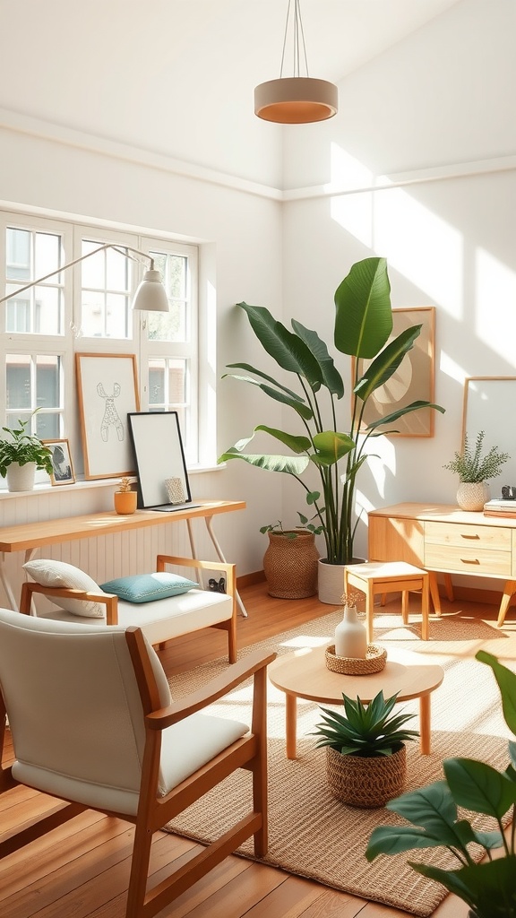 A bright and airy studio with wooden furniture, houseplants, and a simple decor style.