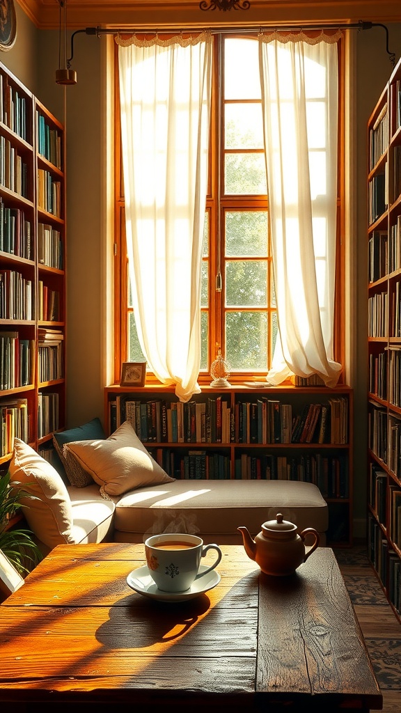 Cozy library with sunlight streaming through large windows, filled with bookshelves, a couch, and a table with a cup of tea.