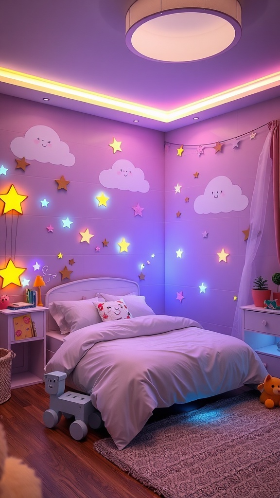 A colorful children's bedroom with cloud and star themed LED lights illuminating the walls.