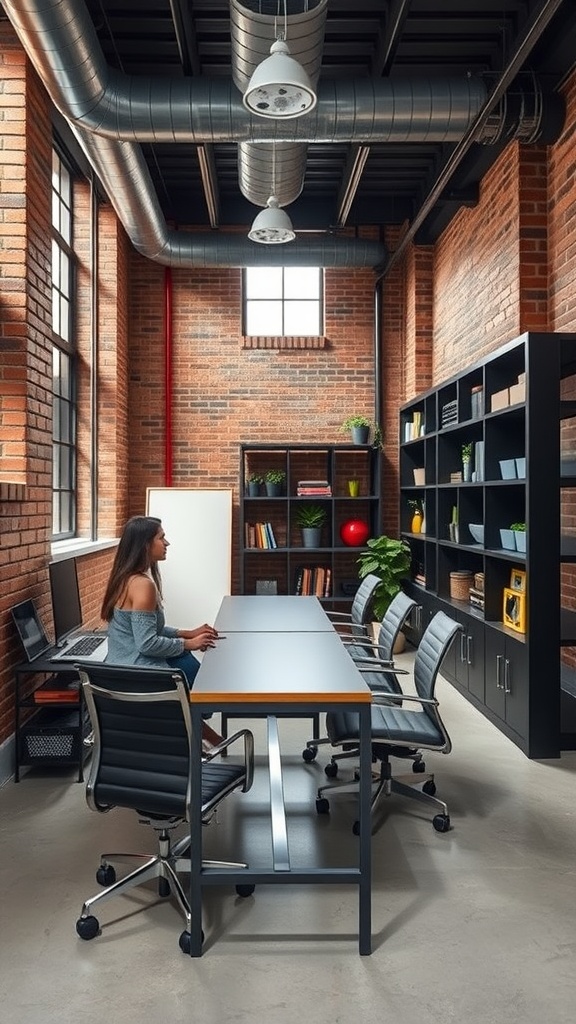 A modern office featuring exposed brick walls, sleek furniture, and a central meeting table, enhancing workspace efficiency.