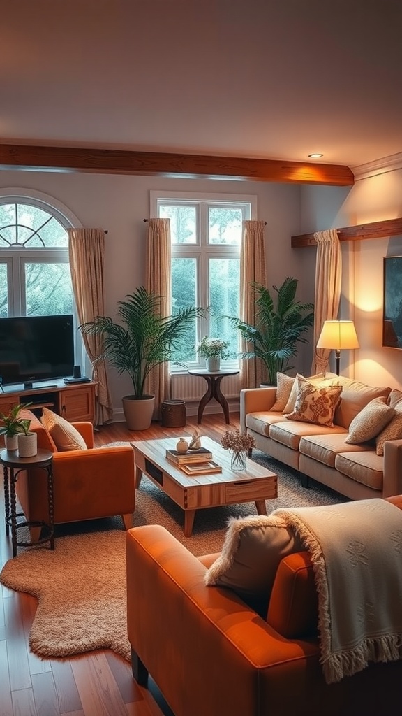 A cozy living room with warm wood tones, featuring orange sofas, a wooden coffee table, and large windows with natural light.