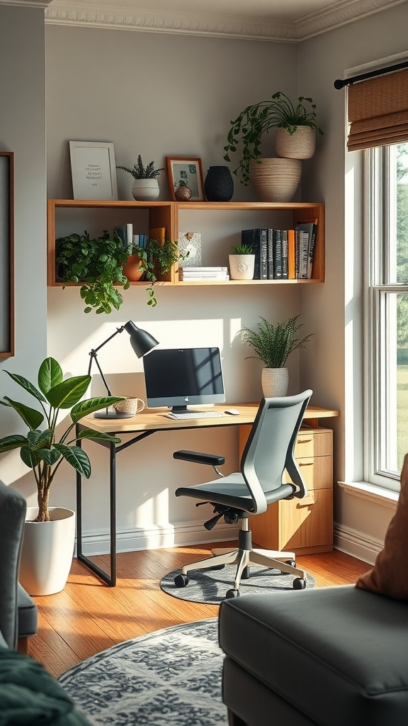 Cozy alcove workstation with a desk, chair, and plants, illuminated by natural light