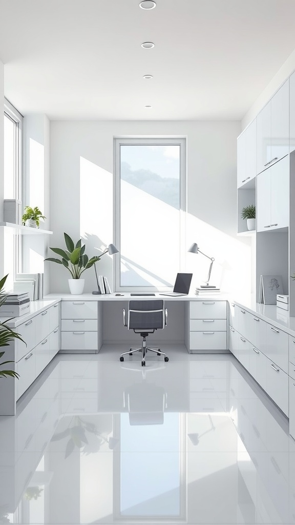 A bright and minimalist all-white office with sleek furniture and green plants.
