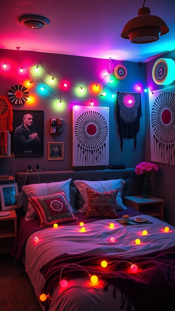 Bohemian bedroom with colorful neon lights and cozy decor