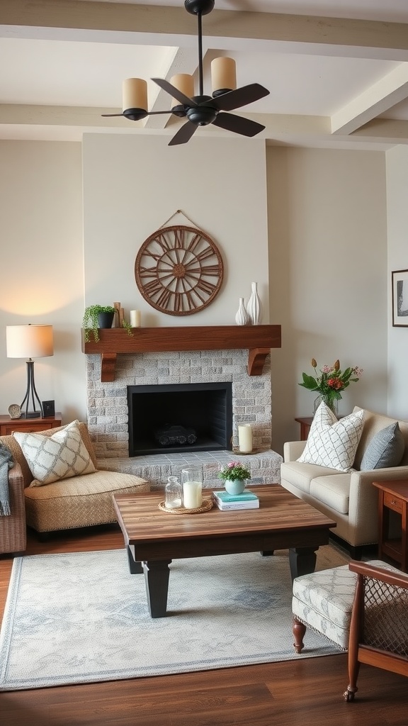 A modern farmhouse living room featuring a cozy seating arrangement, a stone fireplace, and cast iron accents.