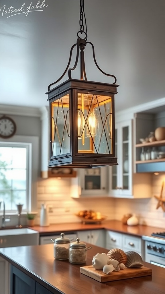 A coastal inspired lantern hanging in a modern kitchen