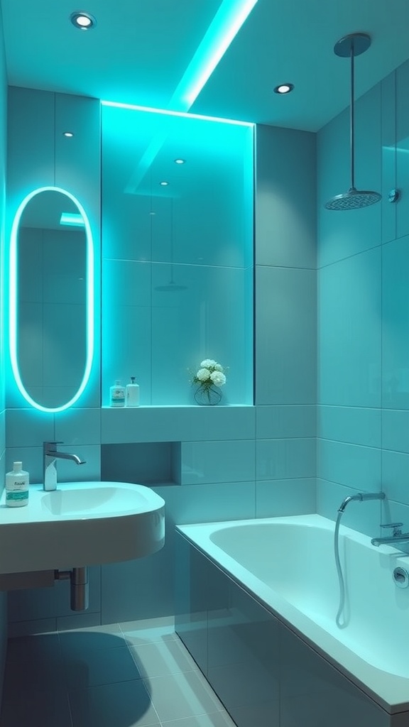A modern bathroom featuring cool tone lighting with blue accents