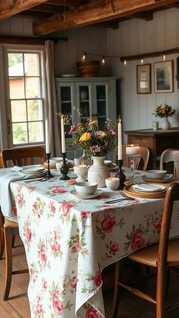 Cozy table setting with floral tablecloth and fresh flowers in a rustic dining room