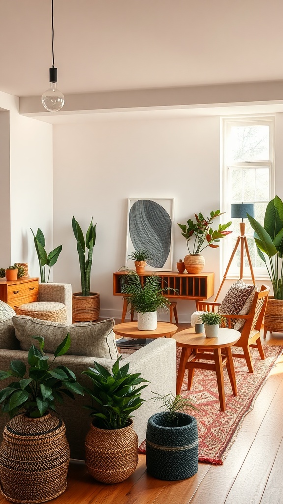 A cozy living room-dining room combo featuring earthy tones, plants, and wooden furniture.