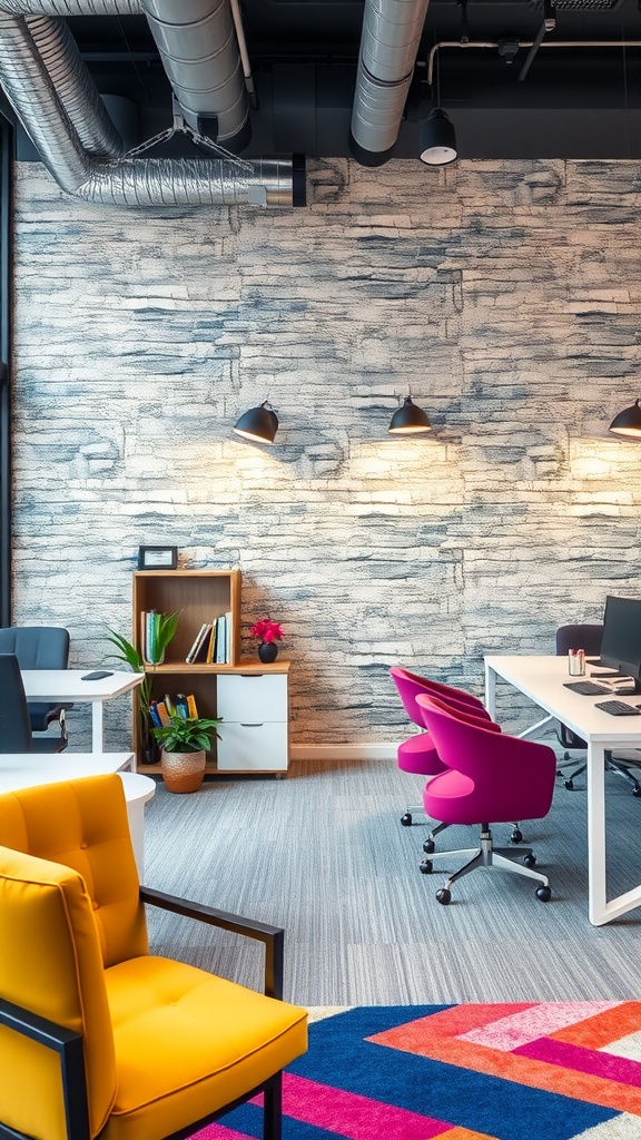 An office featuring a faux stone wall, bright furniture and modern decor.