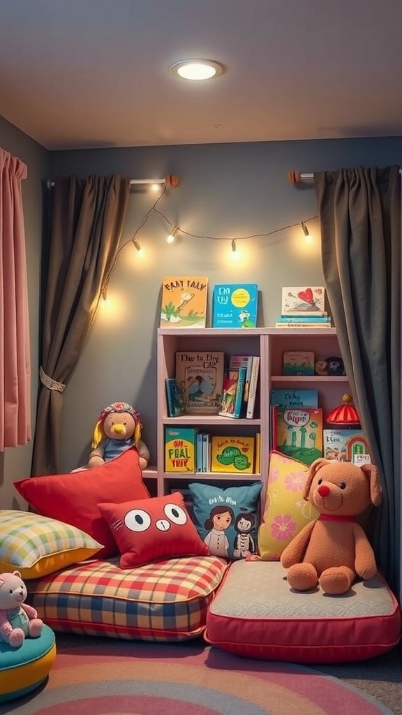 A cozy reading nook with colorful cushions, stuffed animals, and bookshelves filled with children's books.