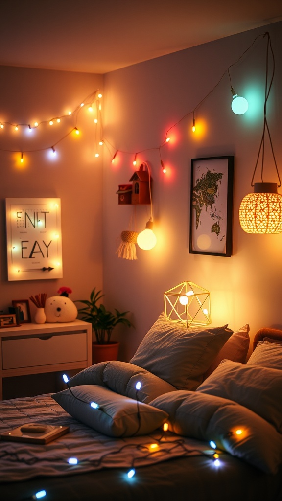 Cozy bedroom with colorful LED lights and unique decor