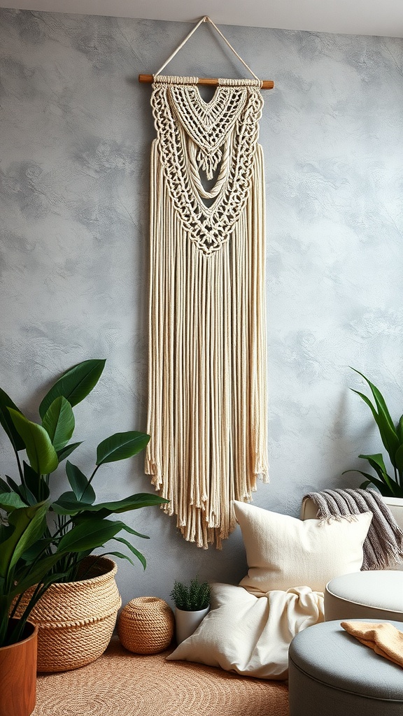 A beautiful macramé wall hanging with intricate knots, hanging on a textured wall, surrounded by plants and cushions.