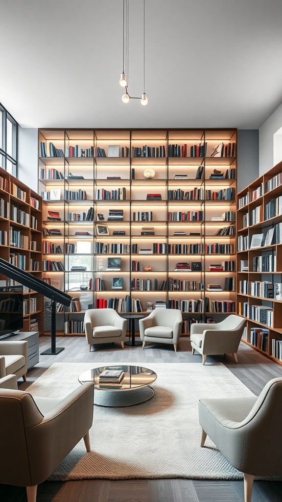 A modern home library featuring sleek shelves, comfortable seating, and warm lighting.