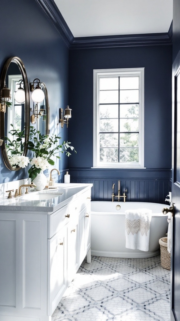 A beautifully designed bathroom with navy blue walls, featuring a white bathtub, sink, and elegant chandelier.