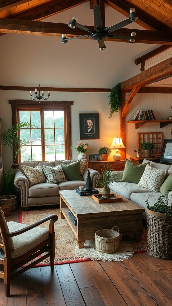 Cozy Rustic Farmhouse Living Room with wooden beams, plush sofas, and lots of greenery.