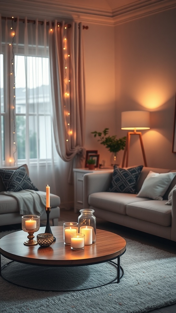 A cozy living room featuring warm lighting with candles on a coffee table, string lights by the window, and soft-colored furniture.