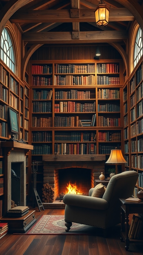 A rustic library with wooden shelves, a fireplace, and a cozy armchair.