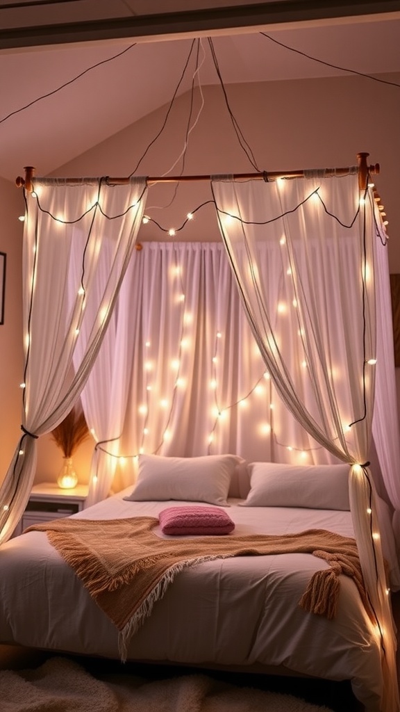 A pastel-themed bedroom with fairy lights draped around a canopy bed
