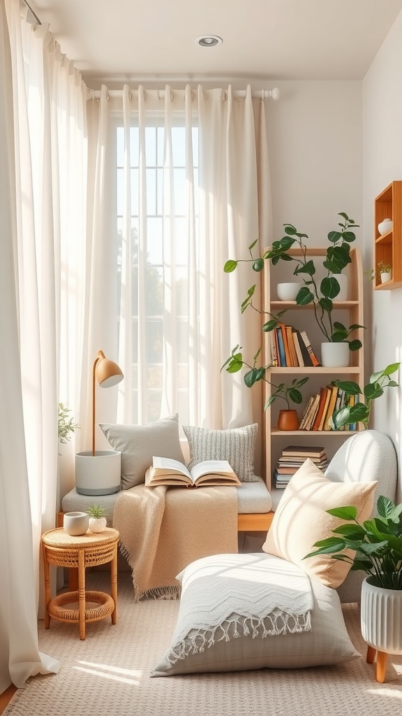 Cozy reading nook with soft cushions, warm light, and greenery.