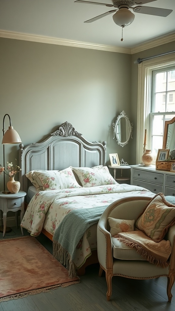 A vintage sage green bedroom featuring a floral bedspread, elegant furniture, and a cozy reading nook.