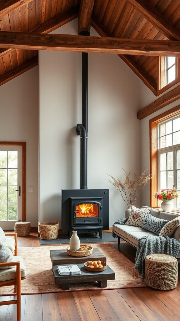 A modern farmhouse living room featuring a wood burning stove, natural wood beams, and cozy decor