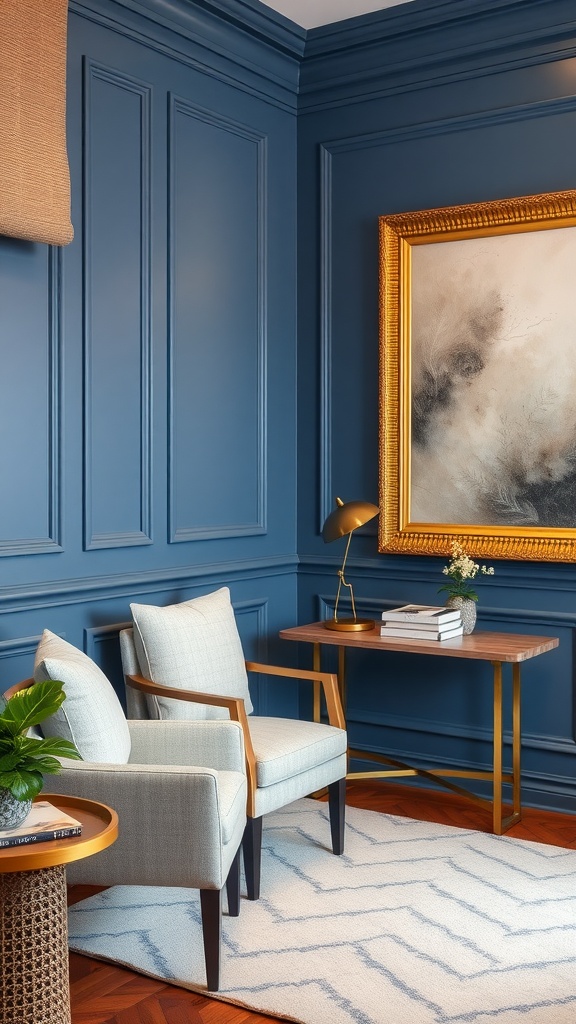 An office with blue wainscoting panels, gold-framed artwork, light-colored chairs, and a wooden table.