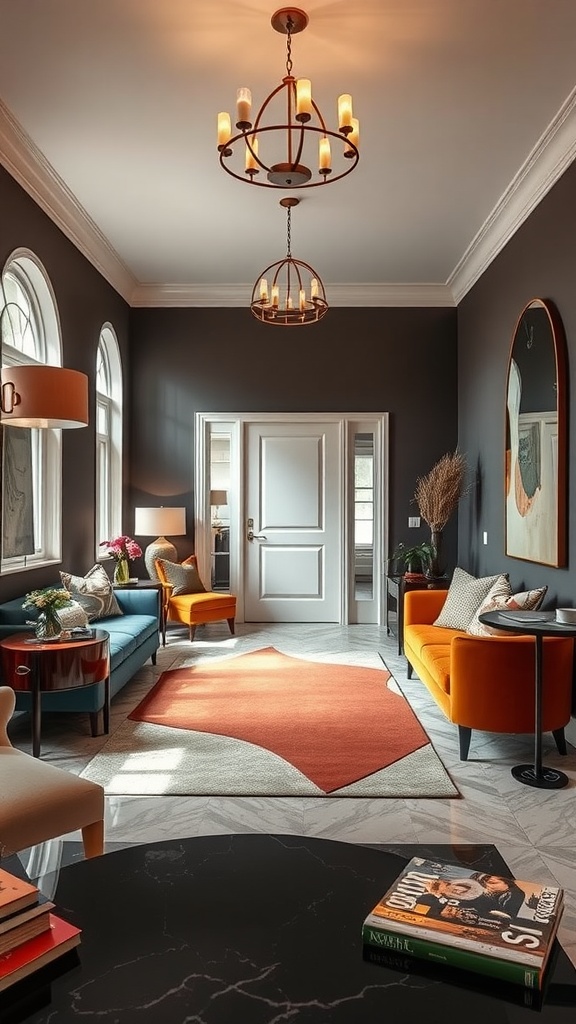 A modern foyer featuring dark walls, colorful seating, and stylish decor.