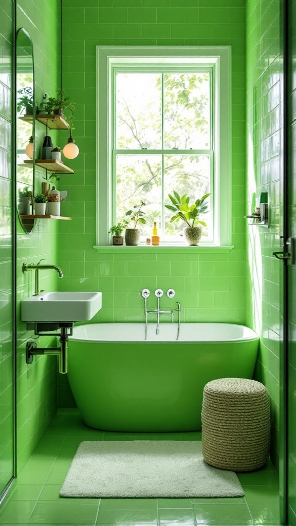 A bright green bathroom with modern fixtures, natural light, and minimal decor.