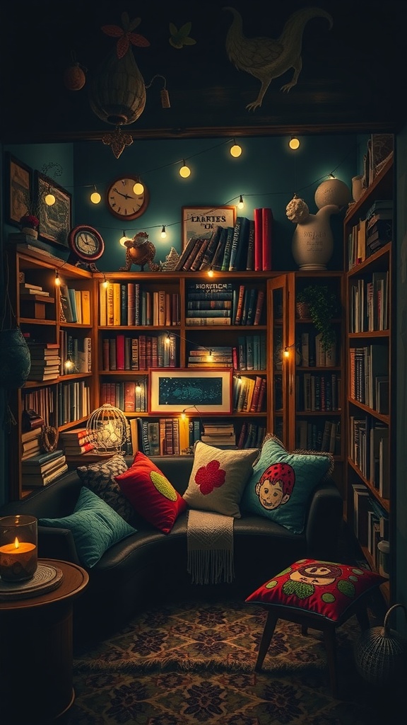 A cozy reading nook with bookshelves, soft lighting, and colorful cushions.