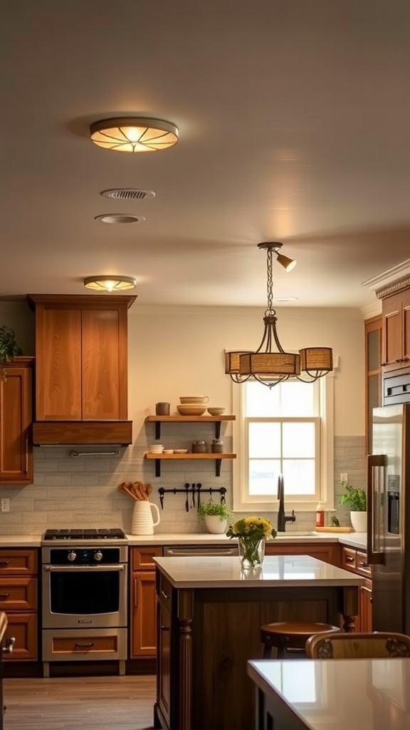 A kitchen with decorative flush mount lights and wooden cabinets